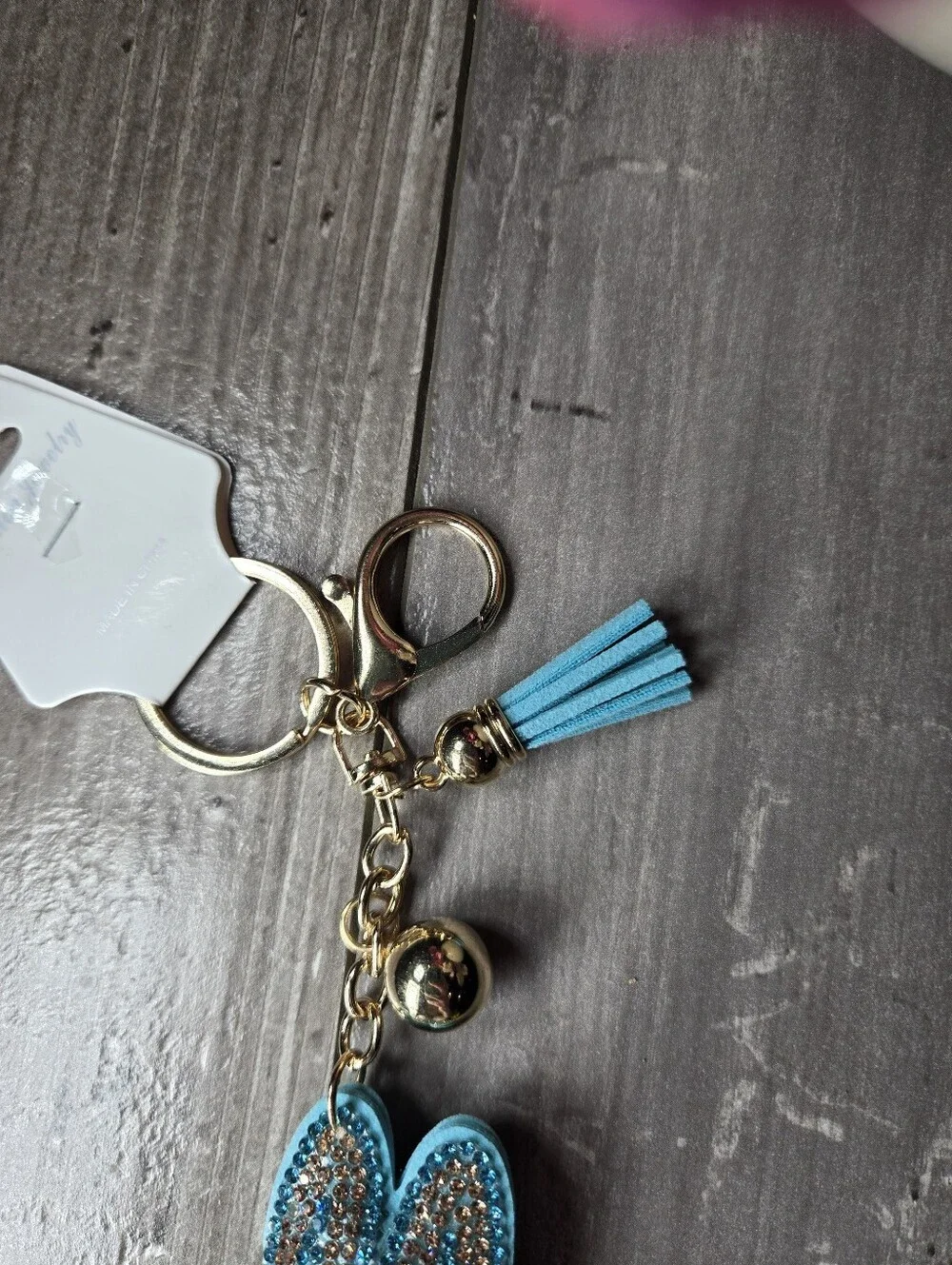 NWT Fashion Jewelry Sparkling Blue Labubu Inspired Gold Keyring Set with Charm